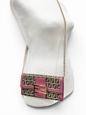 Fendi Raspberry Pink & Tan Zucchino Canvas & Leather Wallet on Chain
